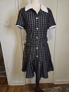 SHEIN Black & White Tweed Belted Midi Dress with Pearl Buttons